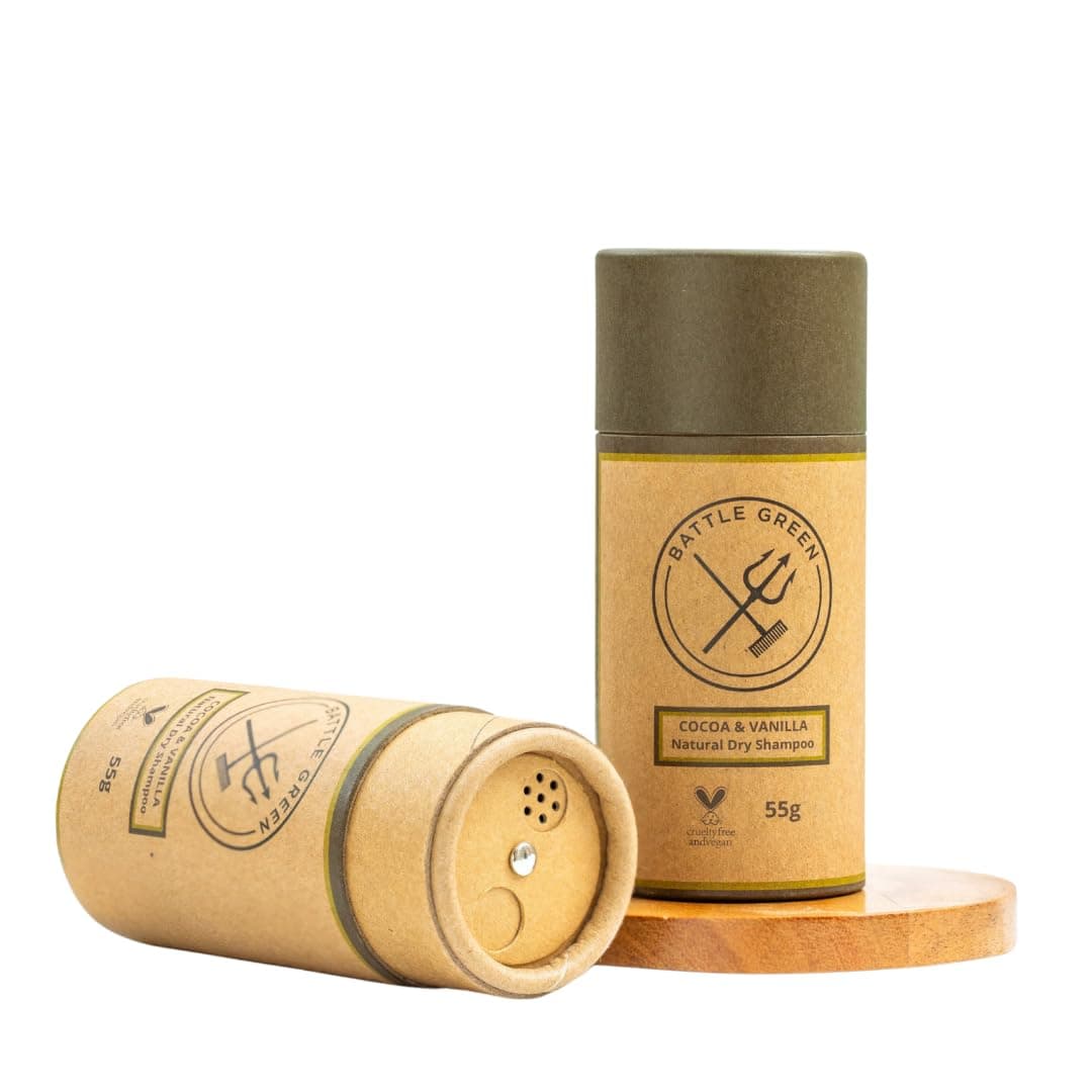 Battle Green Cocoa & Vanilla Natural Dry Shampoo Powder 55g Tube - Vegan Friendly, Cruelty Free, Handmade UK, Zero Waste, Plastic Free Refillable